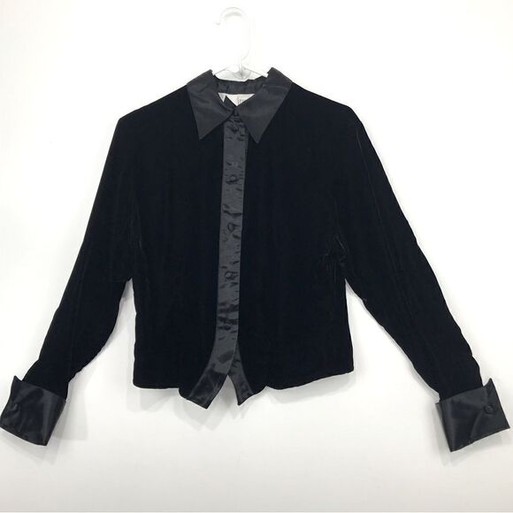 Ishyu Black Velvet Button Up Vintage Tuxedo Blazer Jacket Top - Picture 2 of 12